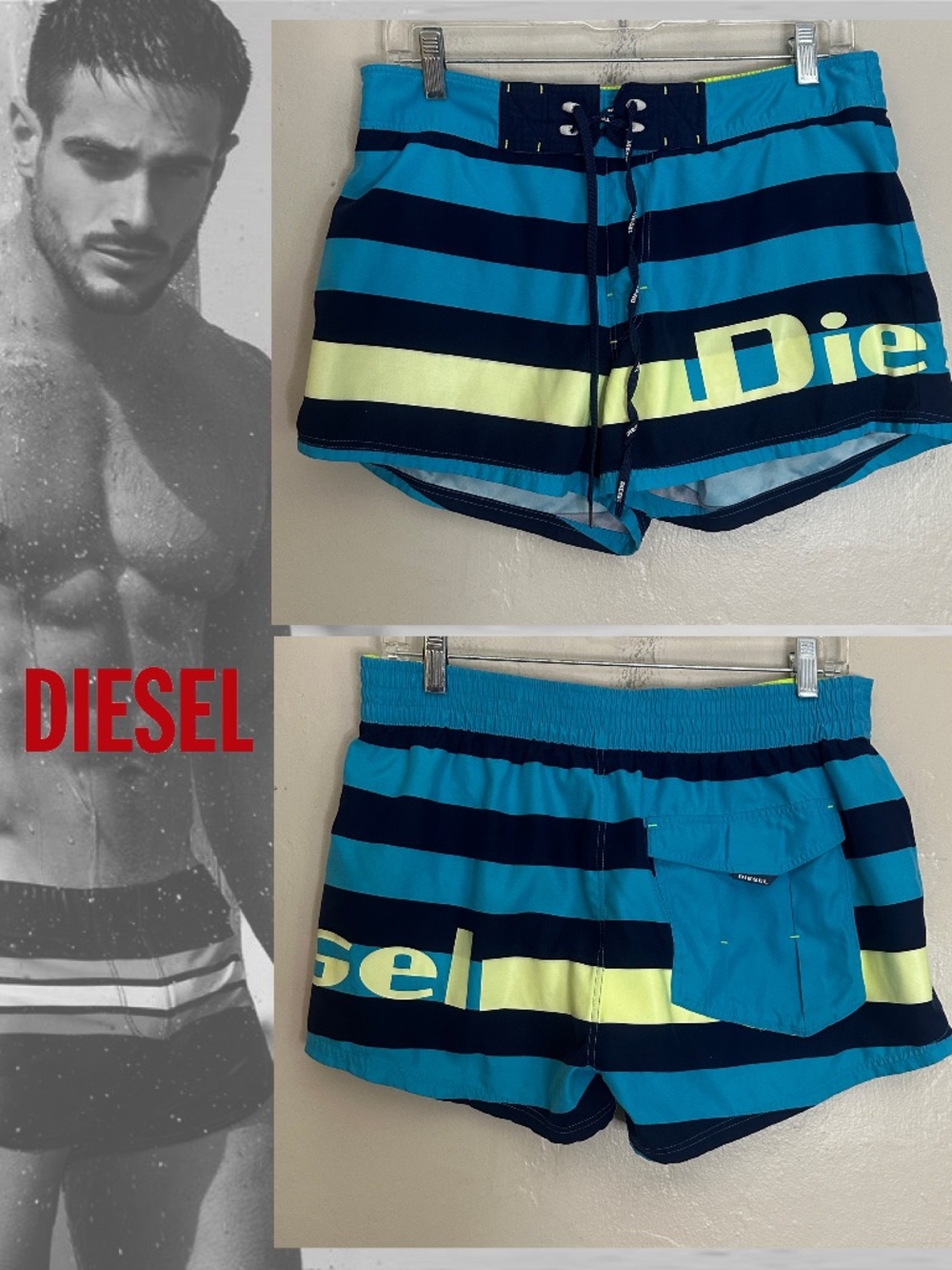Diesel Swim Trunks Large Gently worn 100% polyester 32-36" waist 3" inseam